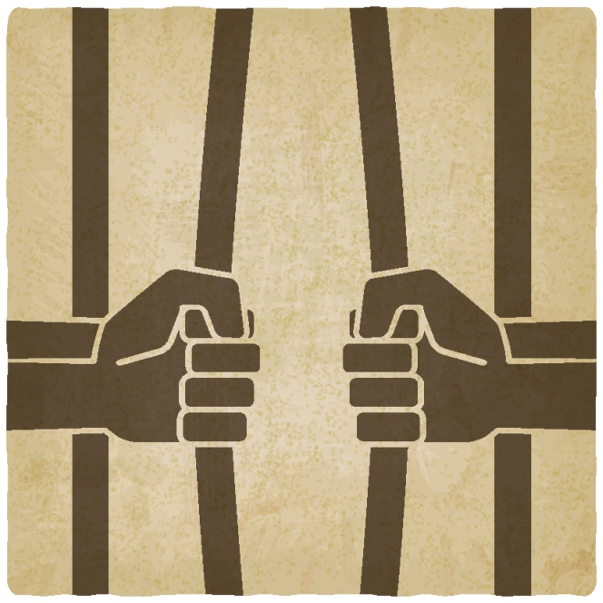 freedom concept. hands breaking prison bars old background